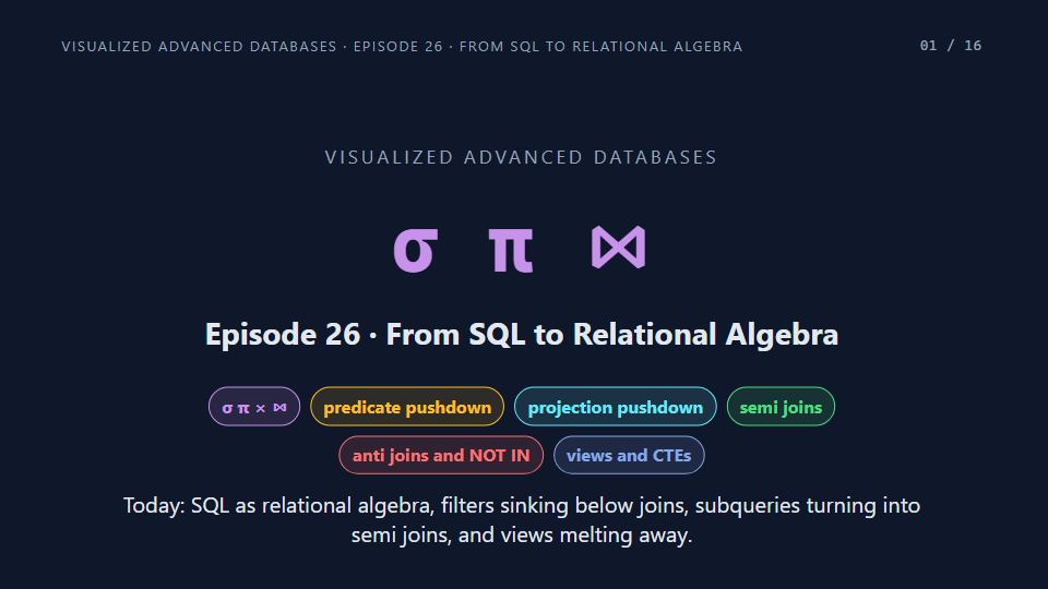 Title card of Episode 26: From SQL to Relational Algebra