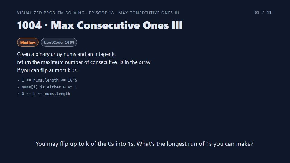 Title card of Episode 18: Max Consecutive Ones III